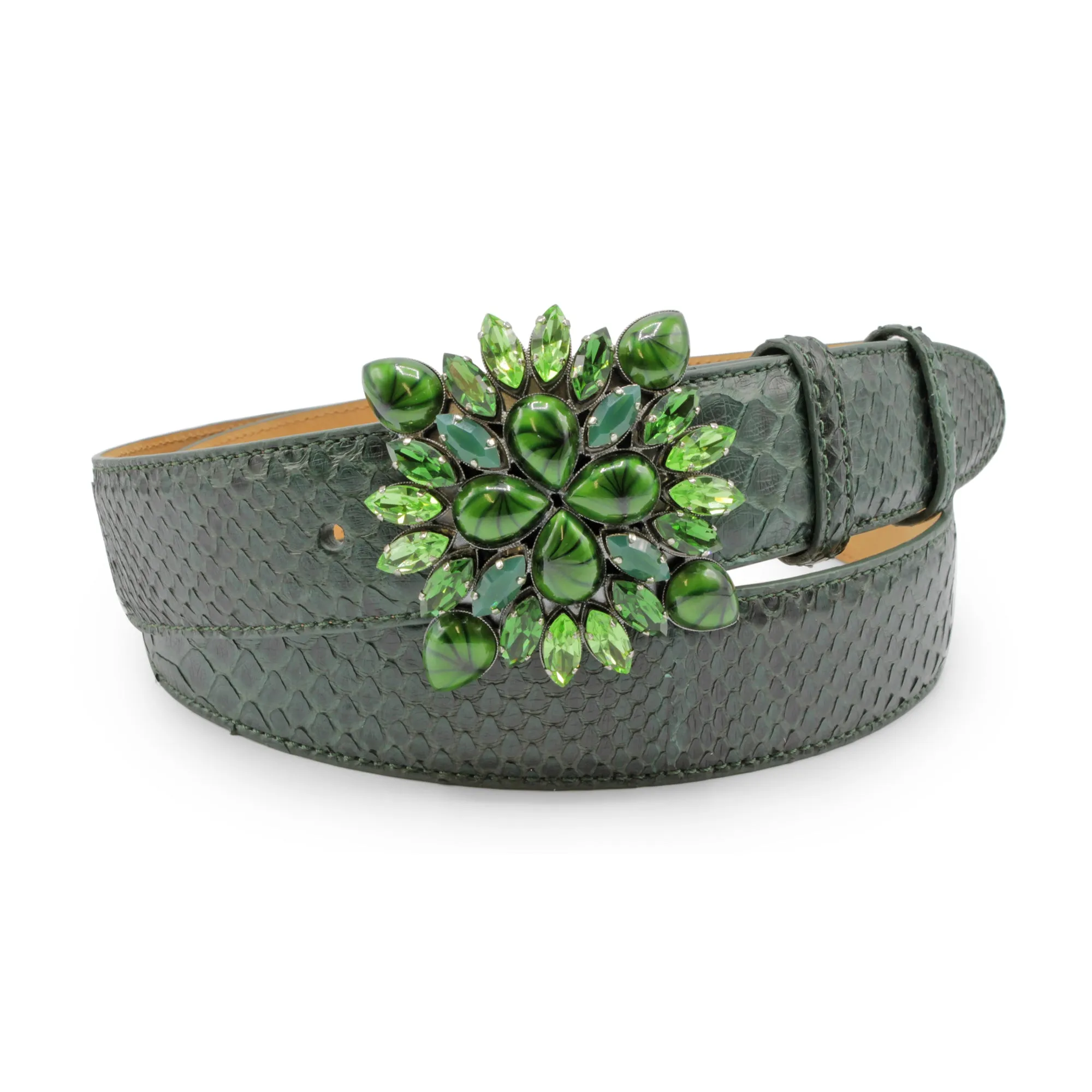 Bottle Green Genuine Python Swarovski Sunburst Belt