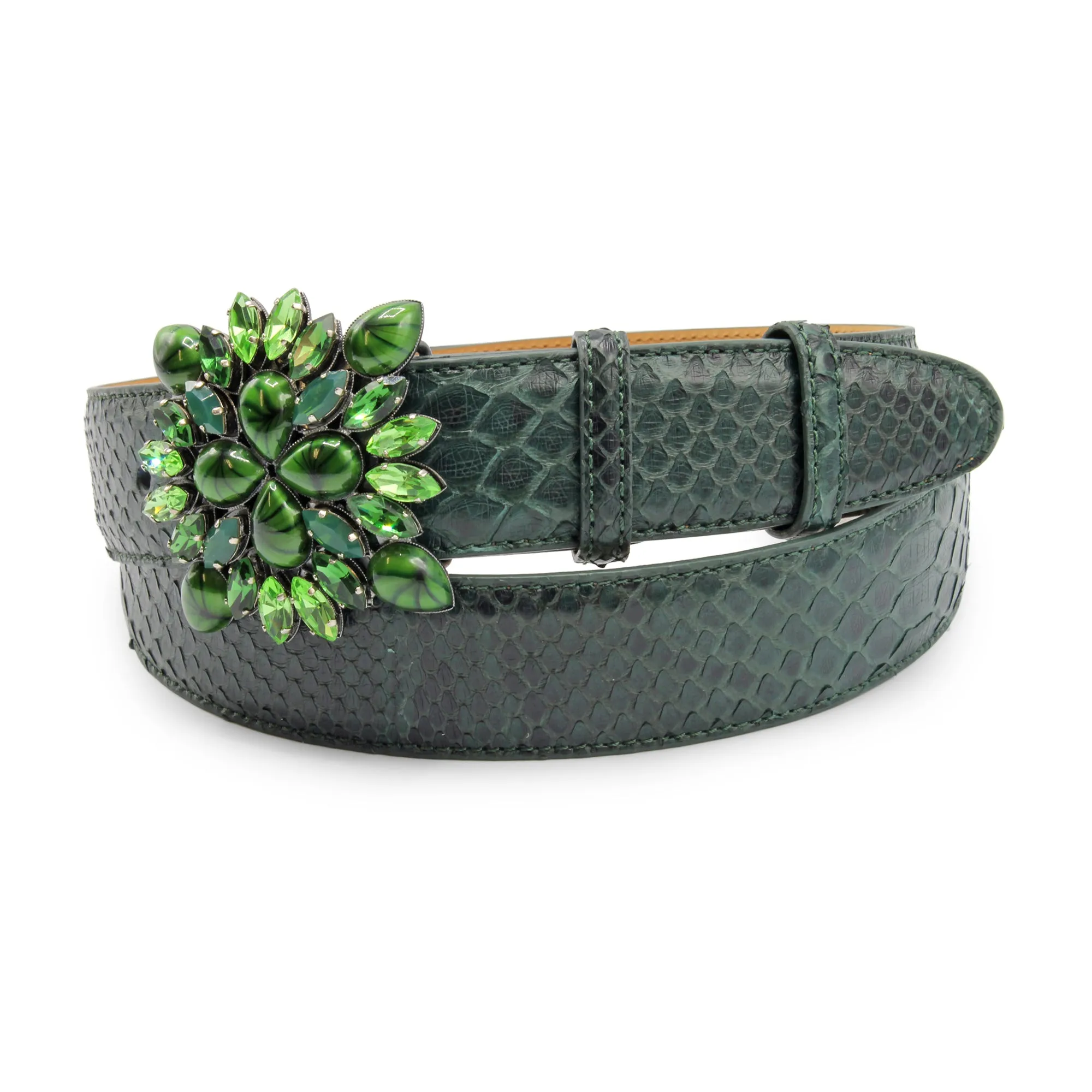Bottle Green Genuine Python Swarovski Sunburst Belt