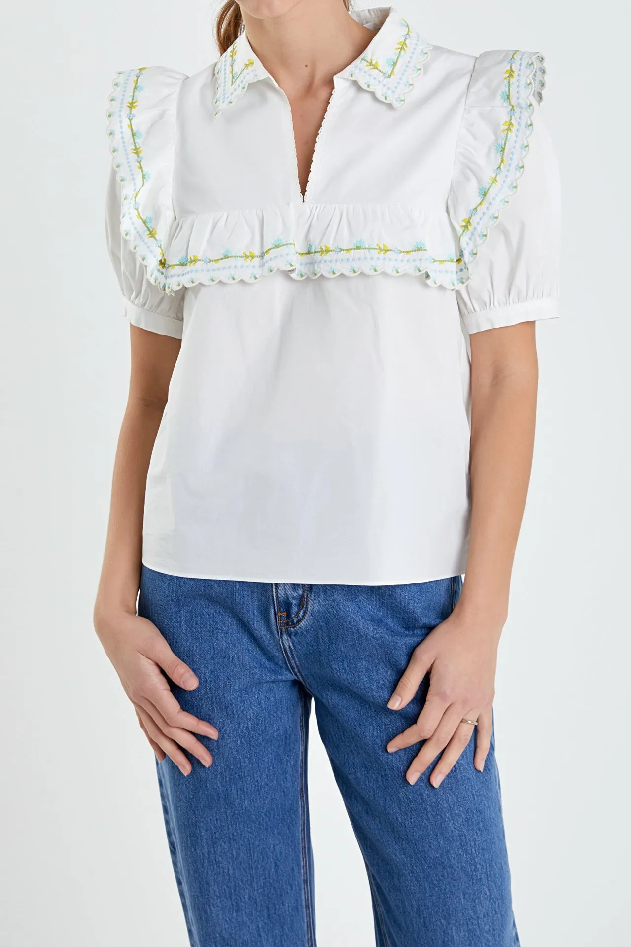 English Factory - Floral Embroidered Short Sleeve Top