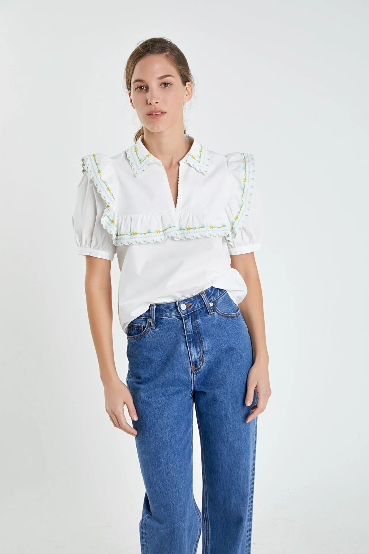 English Factory - Floral Embroidered Short Sleeve Top