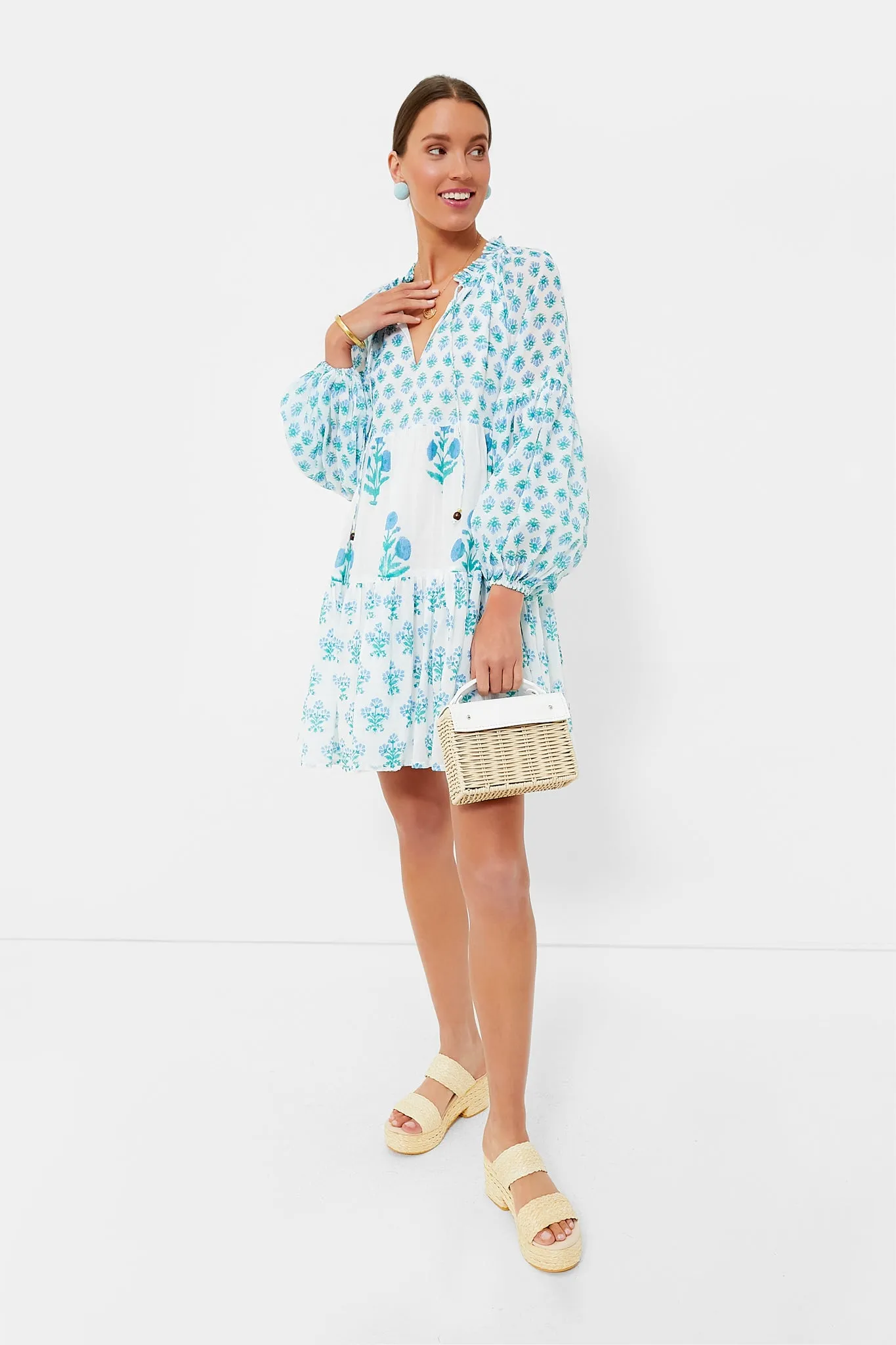 Exclusive Blue Floral Balloon Sleeve Short Mini Dress