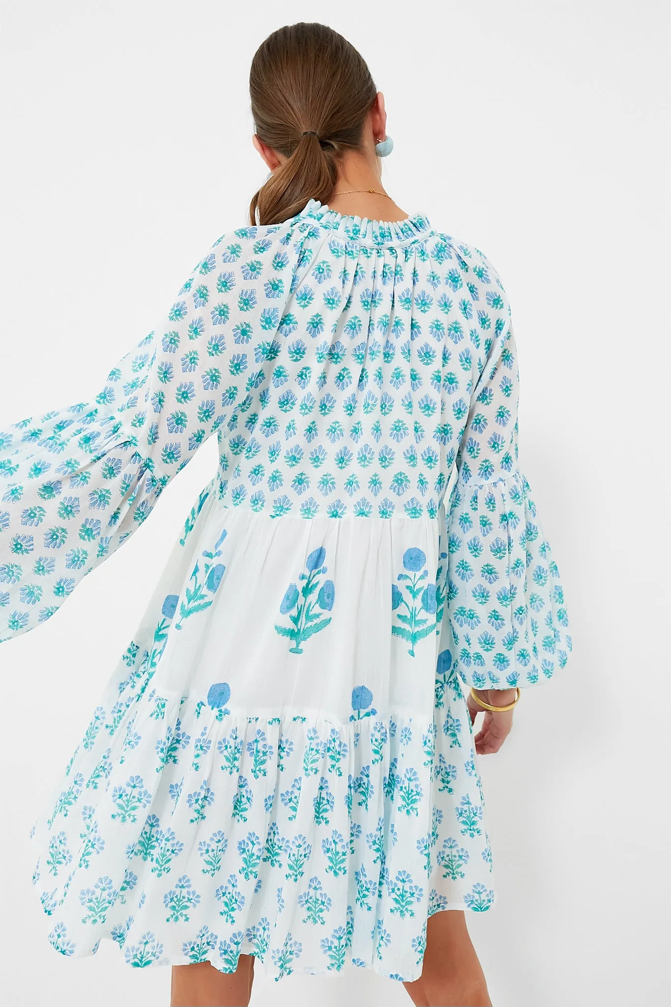 Exclusive Blue Floral Balloon Sleeve Short Mini Dress