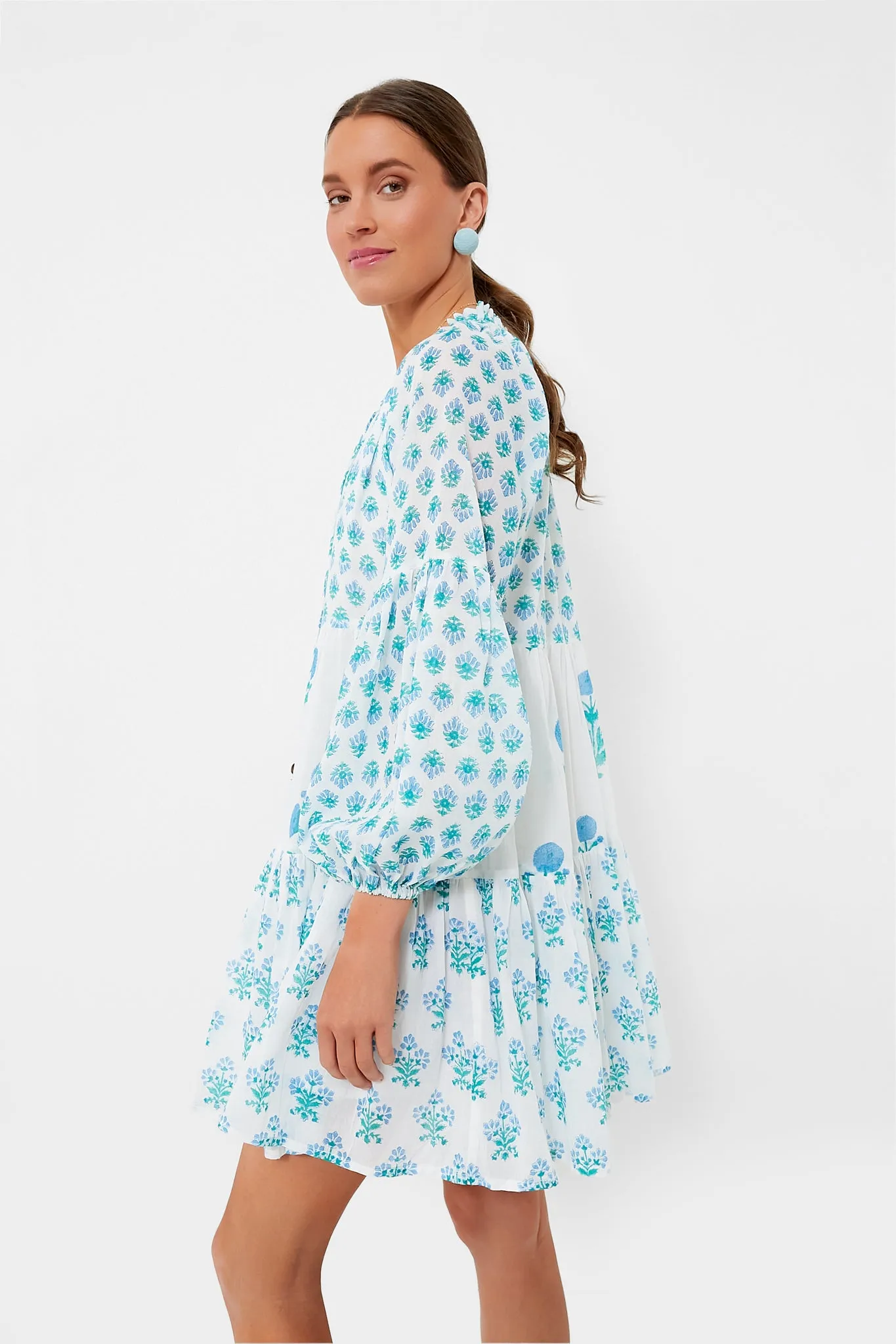 Exclusive Blue Floral Balloon Sleeve Short Mini Dress