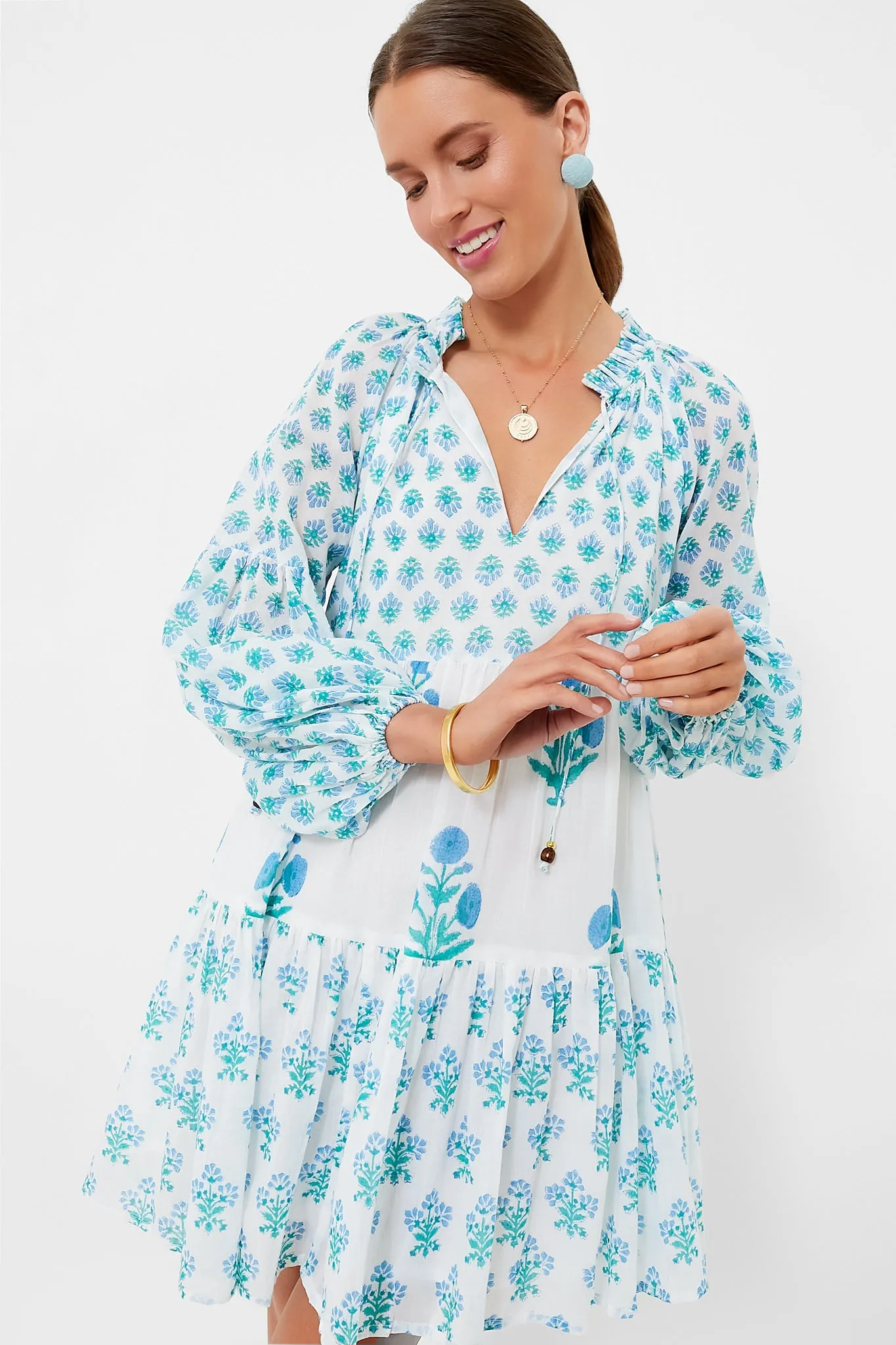 Exclusive Blue Floral Balloon Sleeve Short Mini Dress