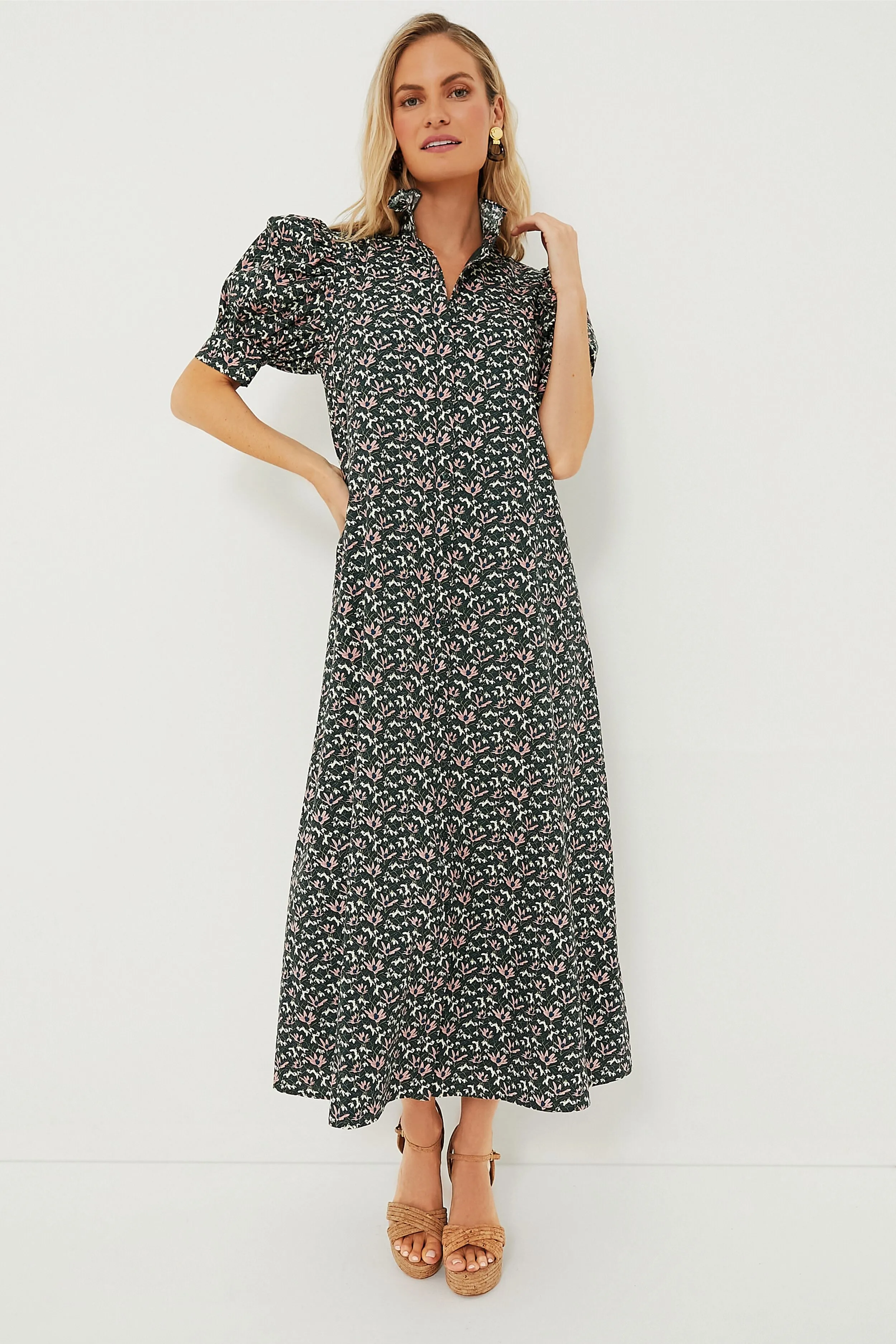 Green Floral Ruffle Collar Louisa Maxi Dress