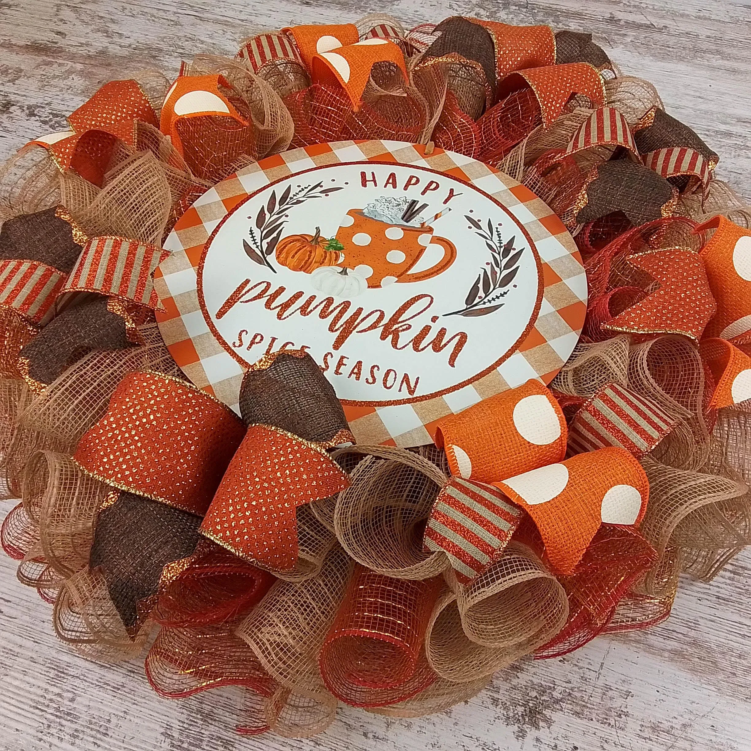 Pumpkin Spice Wreaths - PSL Happy Thanksgiving Door Wreaths - Halloween Deep Tones Fall Autumn Front Door Decor - Orange White Brown Glitter
