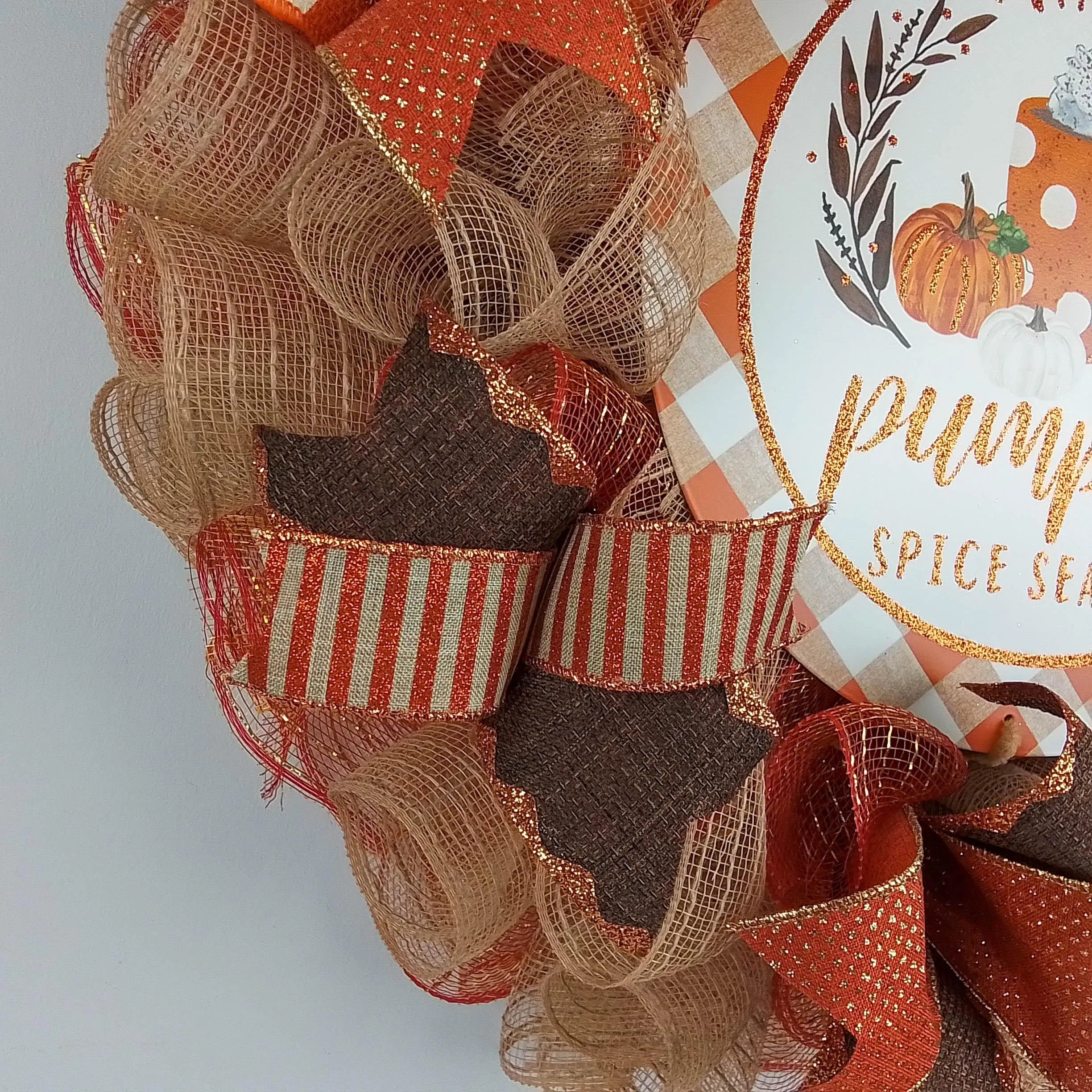 Pumpkin Spice Wreaths - PSL Happy Thanksgiving Door Wreaths - Halloween Deep Tones Fall Autumn Front Door Decor - Orange White Brown Glitter
