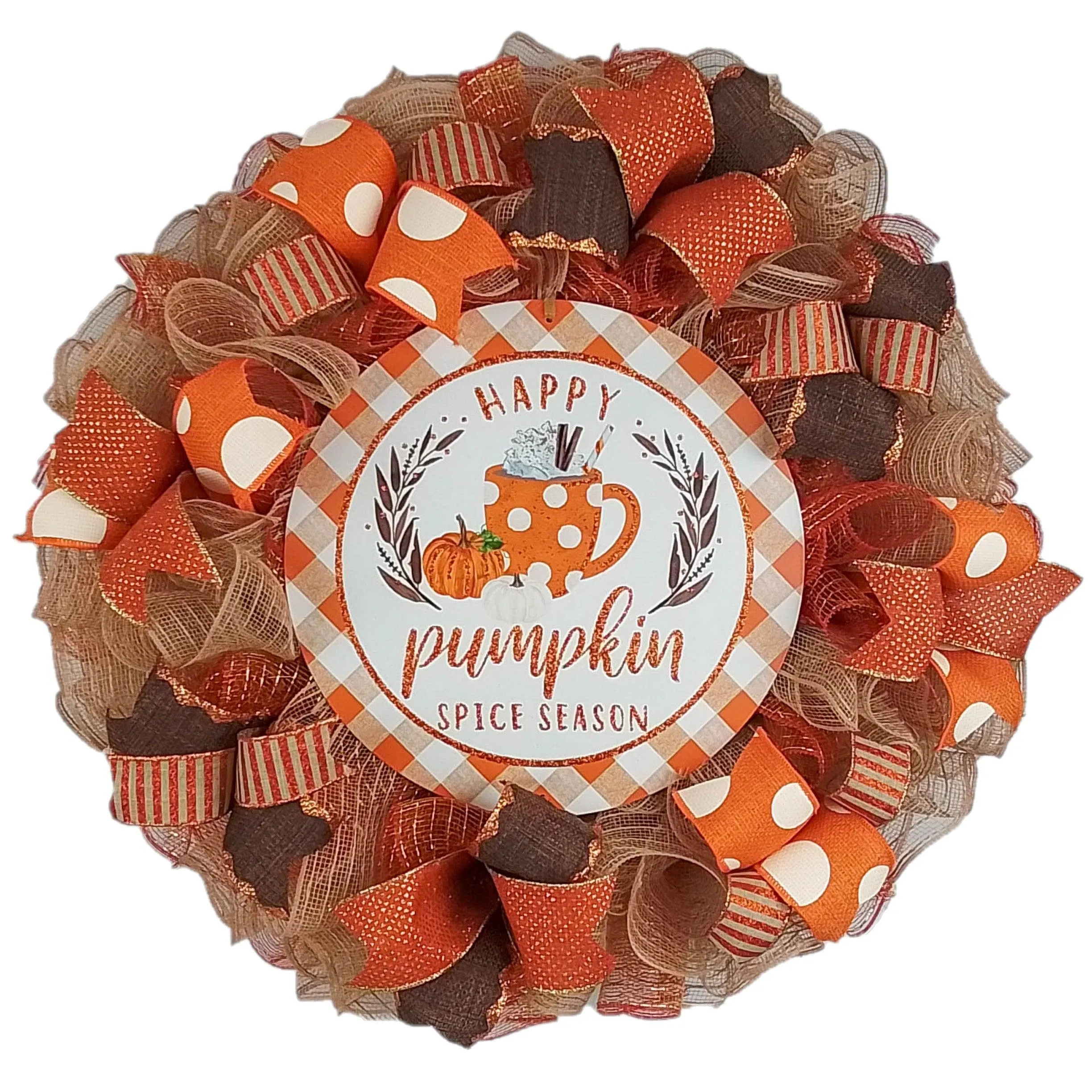 Pumpkin Spice Wreaths - PSL Happy Thanksgiving Door Wreaths - Halloween Deep Tones Fall Autumn Front Door Decor - Orange White Brown Glitter