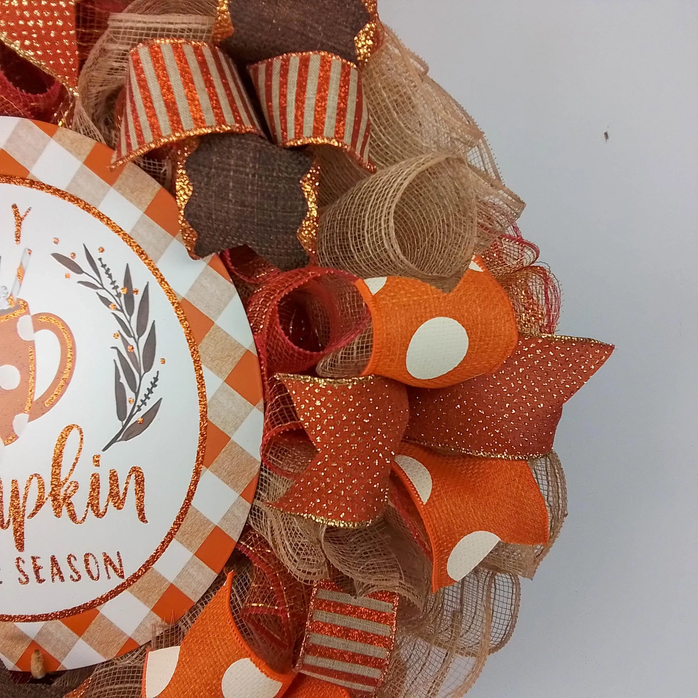 Pumpkin Spice Wreaths - PSL Happy Thanksgiving Door Wreaths - Halloween Deep Tones Fall Autumn Front Door Decor - Orange White Brown Glitter