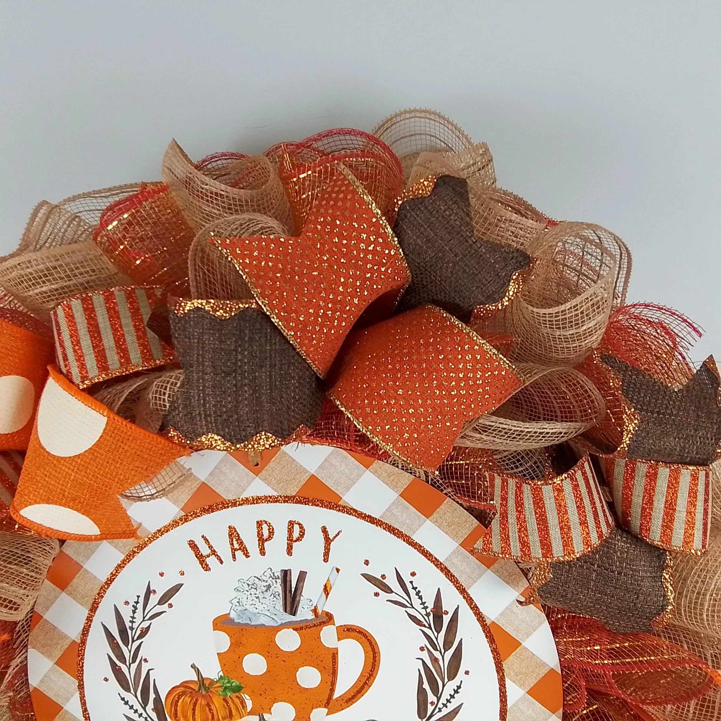 Pumpkin Spice Wreaths - PSL Happy Thanksgiving Door Wreaths - Halloween Deep Tones Fall Autumn Front Door Decor - Orange White Brown Glitter