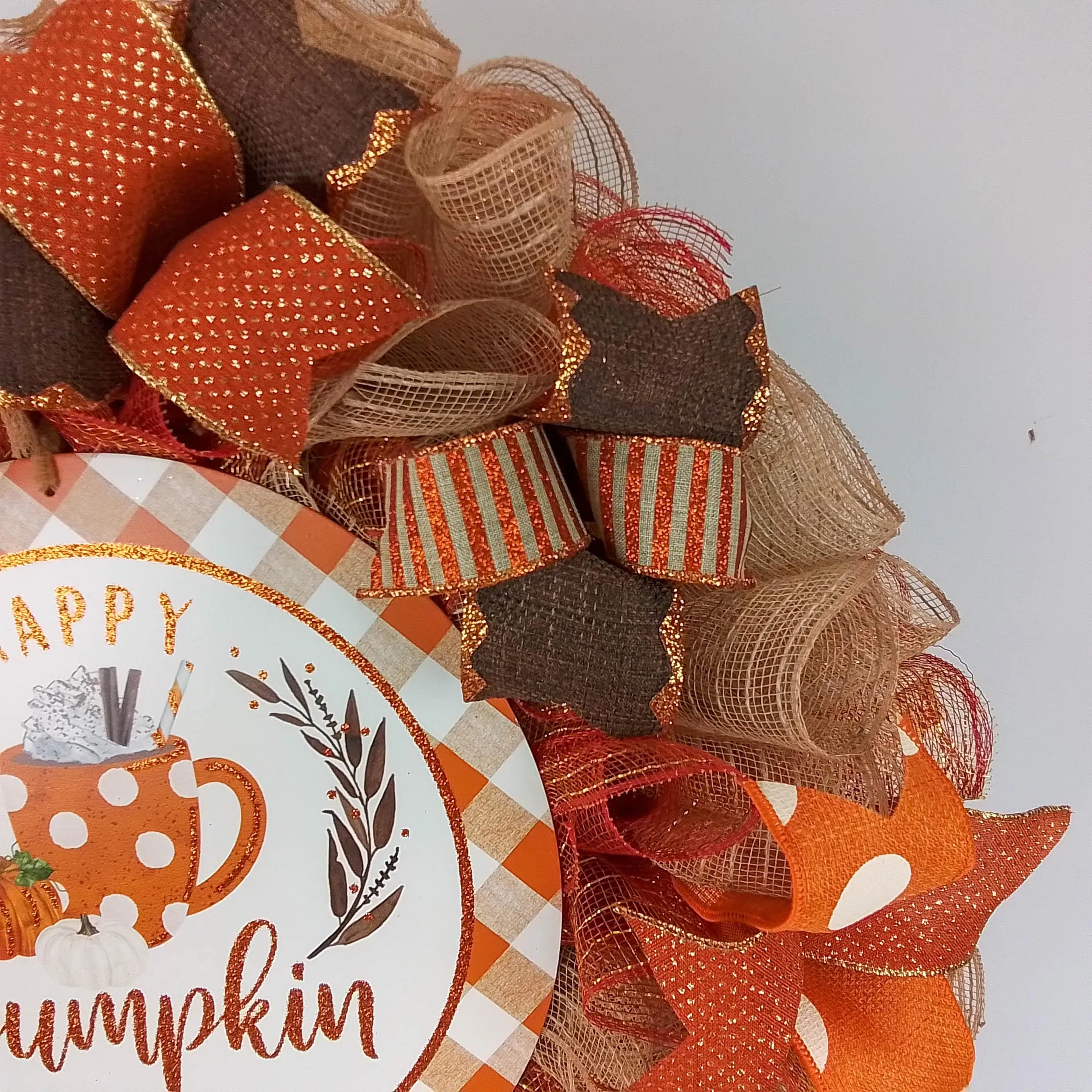 Pumpkin Spice Wreaths - PSL Happy Thanksgiving Door Wreaths - Halloween Deep Tones Fall Autumn Front Door Decor - Orange White Brown Glitter