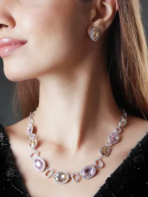 Rubans Rhodium-Plated Cherry and Golden Studded Multi-Color Rhinestones Embellished Necklace Set