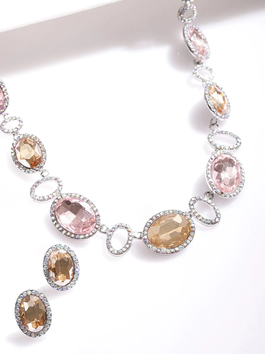Rubans Rhodium-Plated Cherry and Golden Studded Multi-Color Rhinestones Embellished Necklace Set