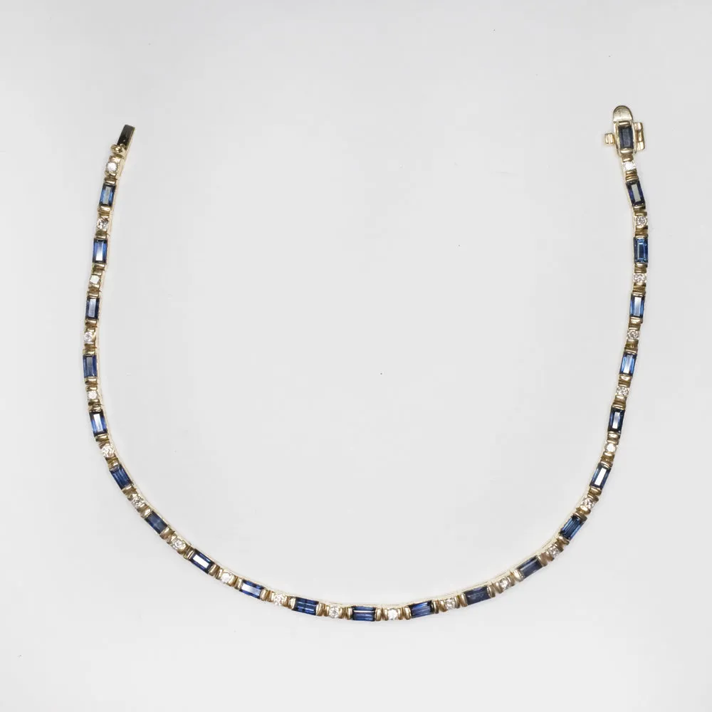 SAPPHIRE DIAMOND TENNIS BRACELET 3.76ct NATURAL BLUE BAGUETTE 14k YELLOW GOLD
