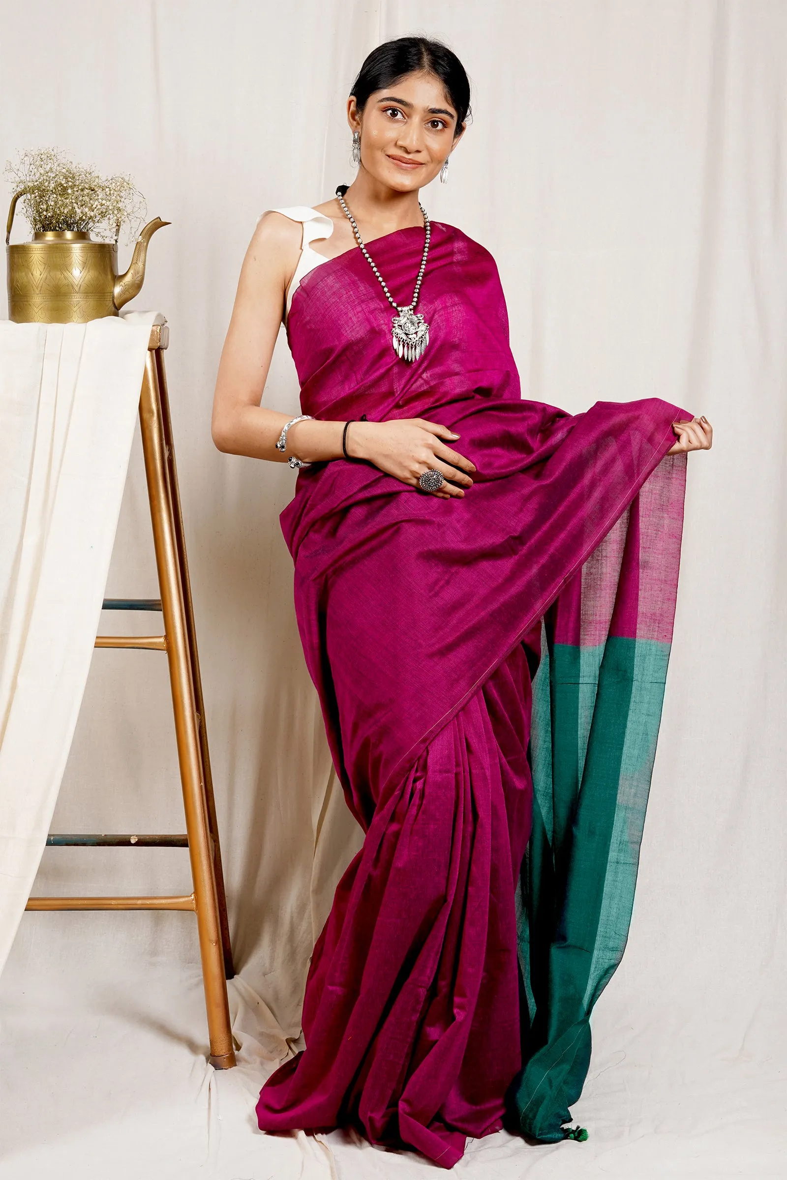 Teejh Carnation Pink and Green Mulmul Cotton Saree