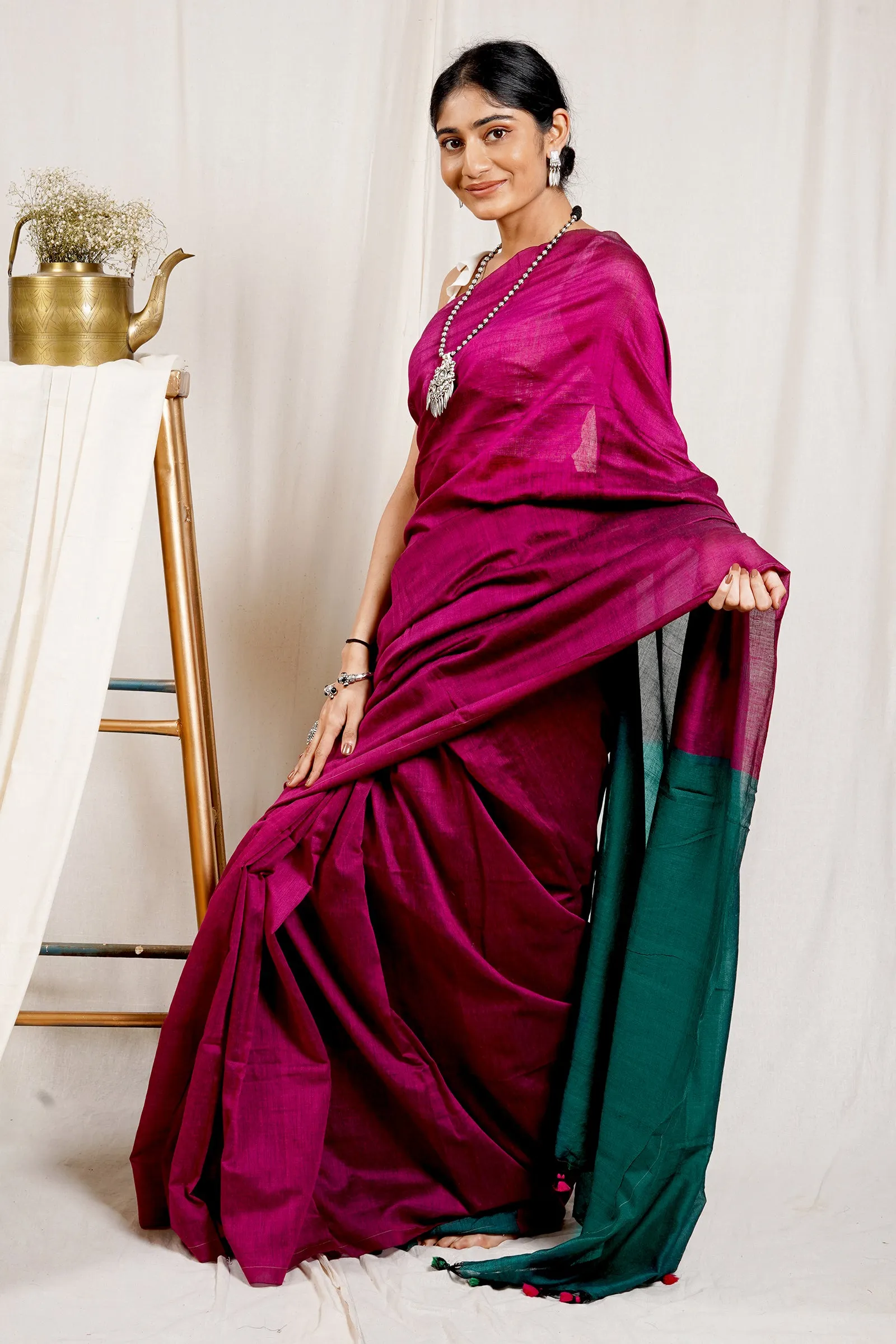 Teejh Carnation Pink and Green Mulmul Cotton Saree