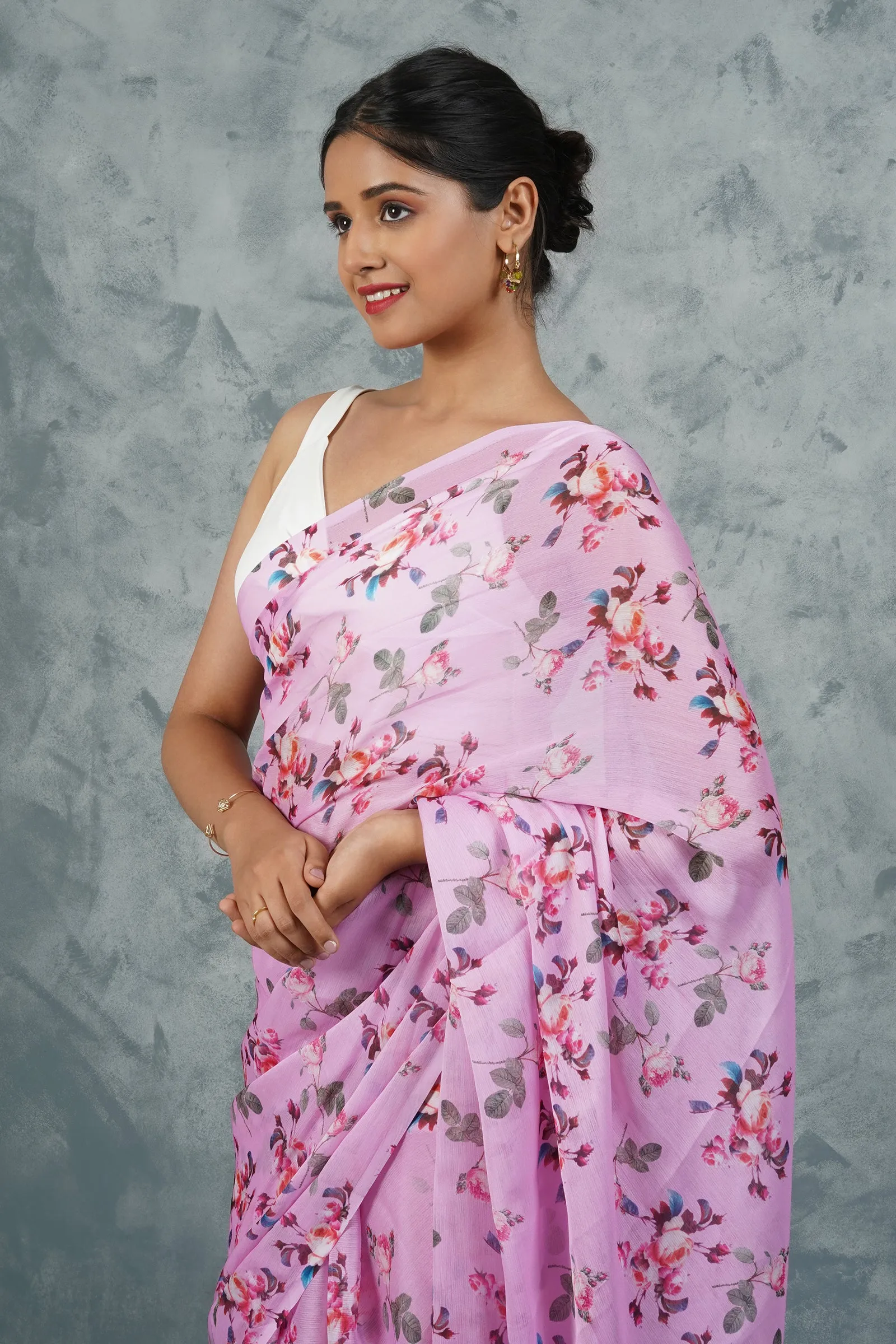 Teejh Carnation Whisper Digital Print Chiffon Saree