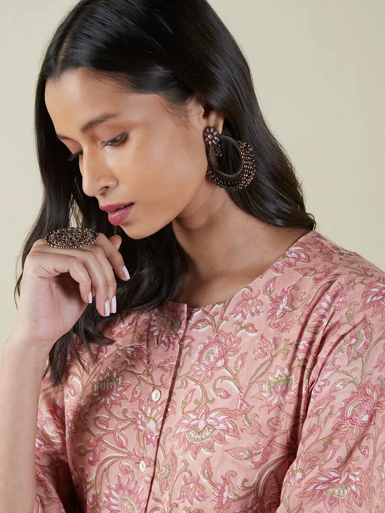 Zuba Peach Floral-Printed A-Line Kurta